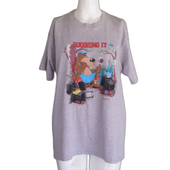 ROUGHTING IT IN Tshirt, XL, Single stitch, Screen Stars, Bear, Glamping, 1990 - Picture 8 of 11